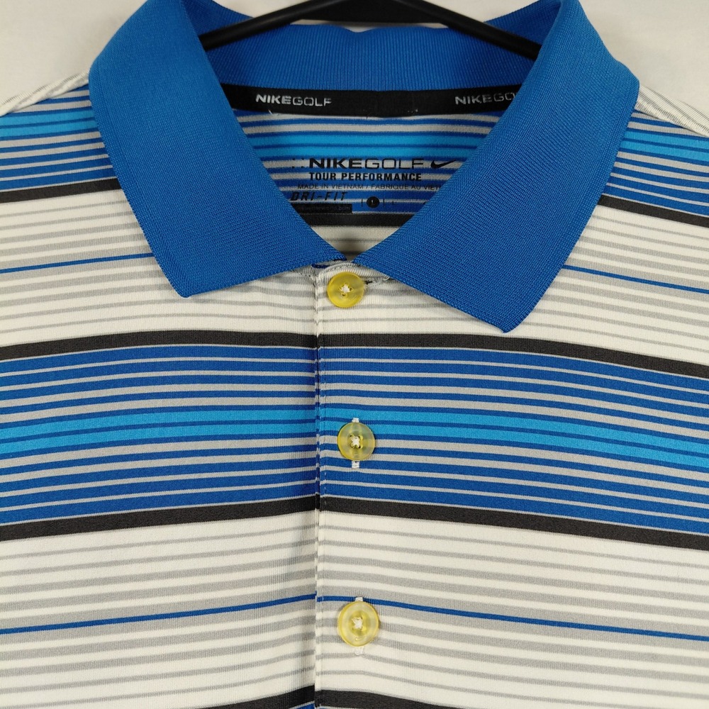 Nike‎ Golf Tour Performance Dri-Fit Mens Large Blue Striped Short Sleeve Polo - Picture 2 of 13